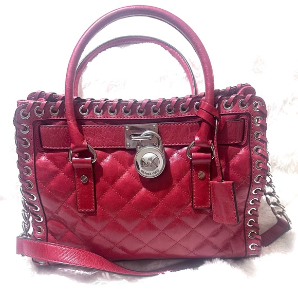 MICHAEL KORS HAMILTON HIPPIE GROMMET DARK RED QUILTED LEATHER SATCHEL BAG - Picture 7 of 14